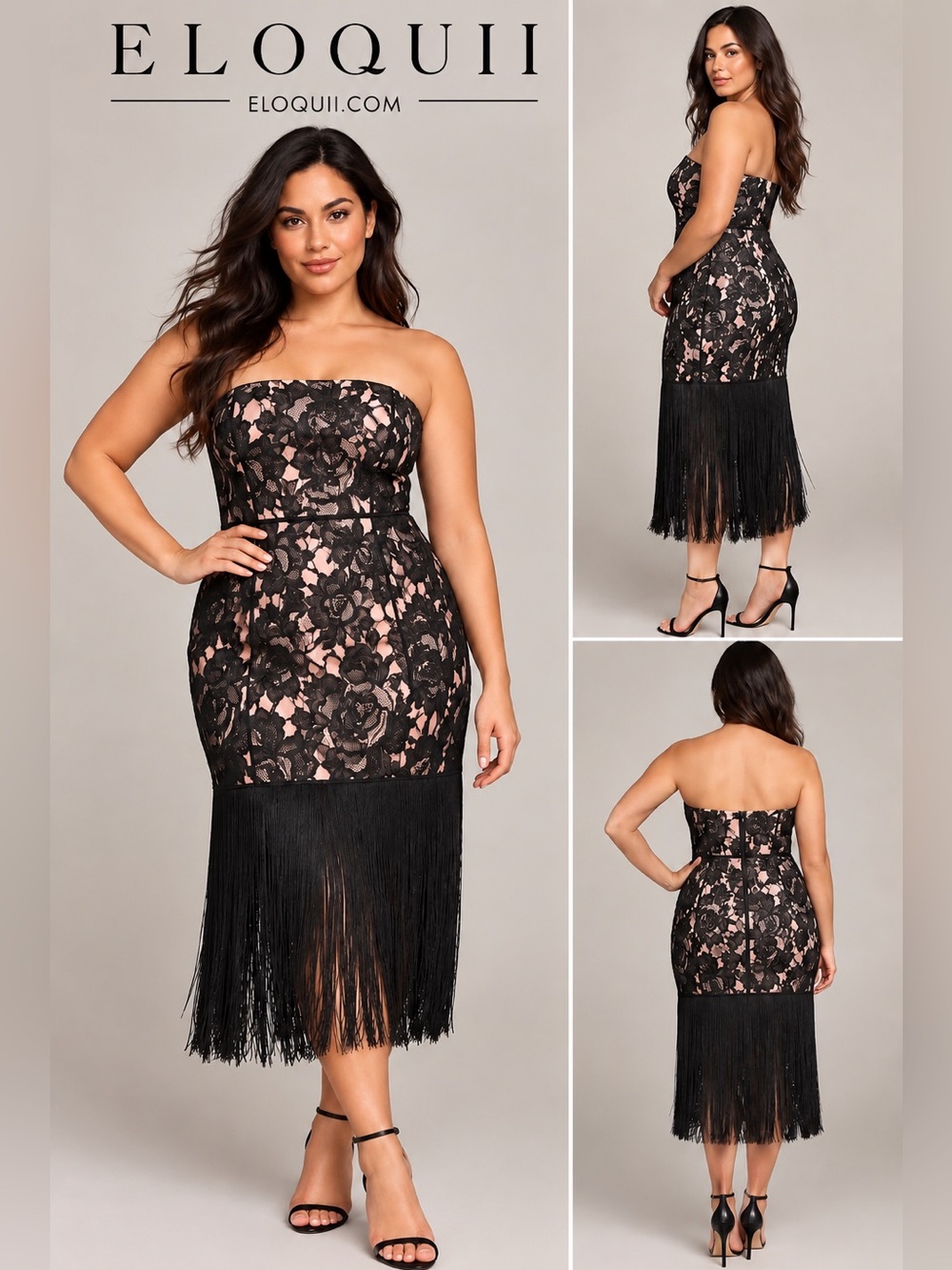 ELOQUII NWT Black Lace Blush Fringe Midi Dress Size 14 NWT